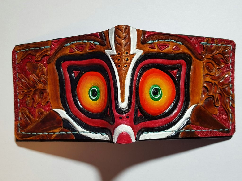 Burgandy Majoras Mask leather wallet- Leather Bifold Wallet - azure thread - Handcrafted Legend of Zelda Wallet - Link Wallet