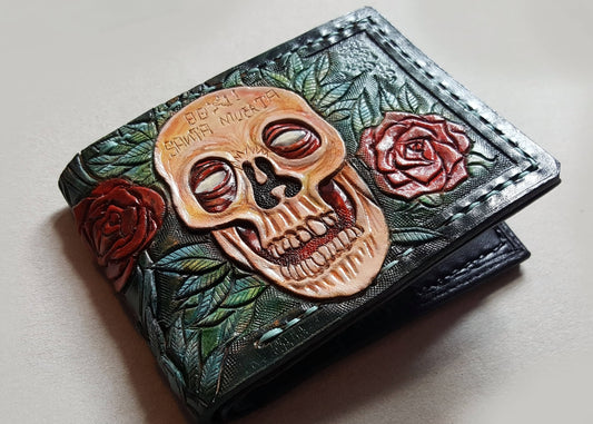 Green Crow Skull and roses - Leather Bifold Wallet - Handcrafted Skull Wallet -