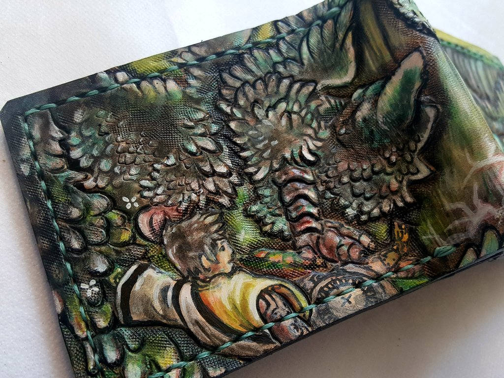 Trico the last guardian inspired Leather Bifold Wallet - Handcrafted Wallet - carved - painted
