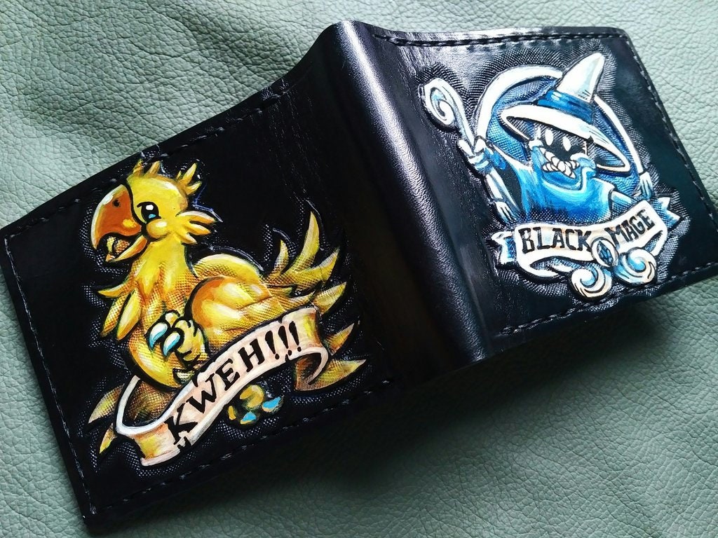 Gold Chocobo and Black Mage - dark brown Leather Bifold Wallet - Handcrafted Final Fantasy inspired Wallet -