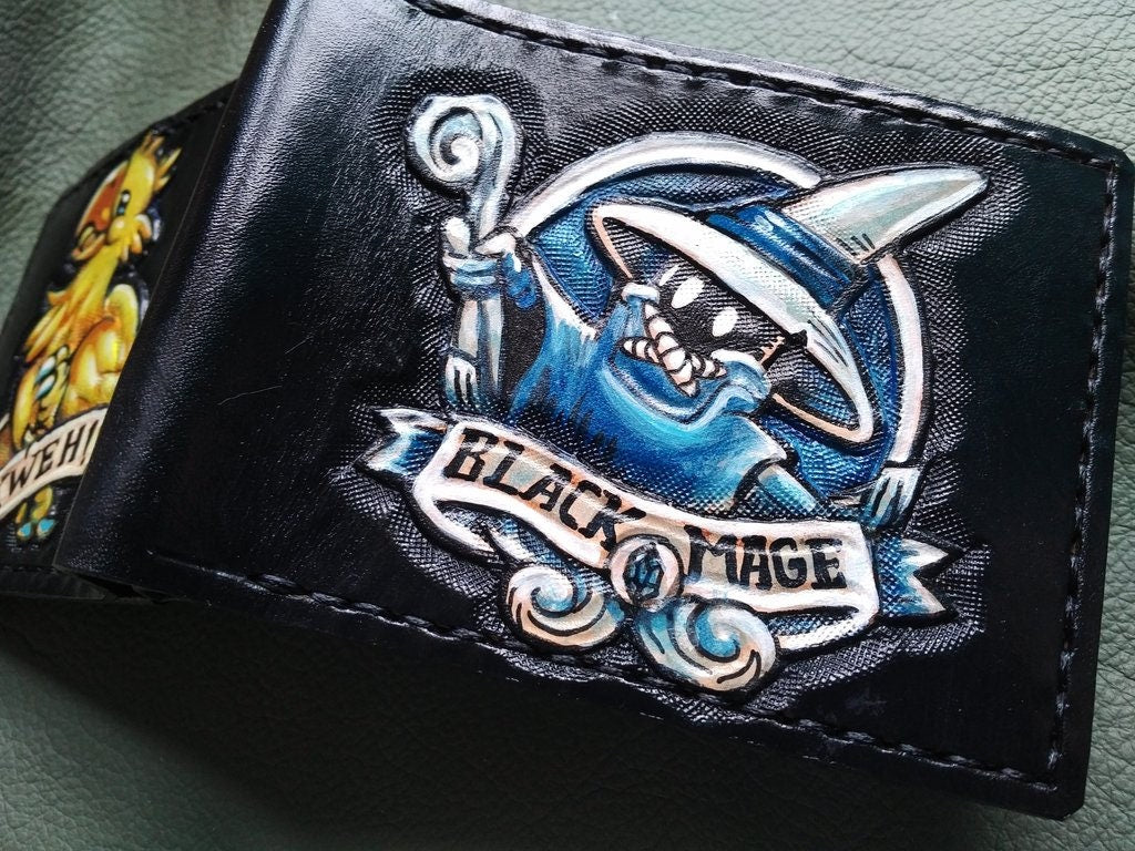 Gold Chocobo and Black Mage - dark brown Leather Bifold Wallet - Handcrafted Final Fantasy inspired Wallet -