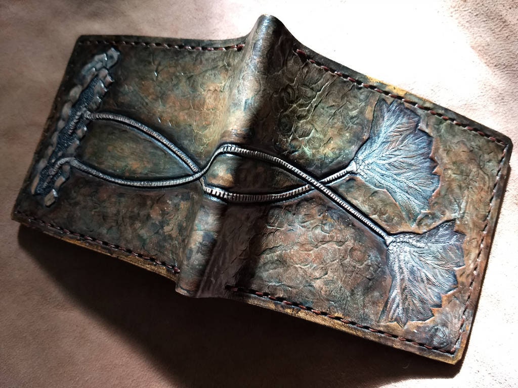 Crinoid sea lilly Fossil - Leather Bifold Wallet - you choose mettalic gold, brown or black for the fossil -