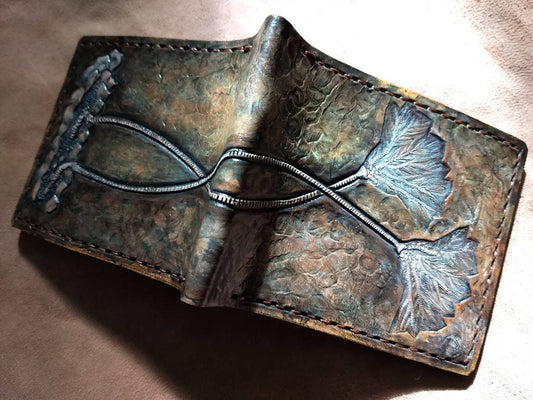 Crinoid sea lilly Fossil - Leather Bifold Wallet - you choose mettalic gold, brown or black for the fossil -