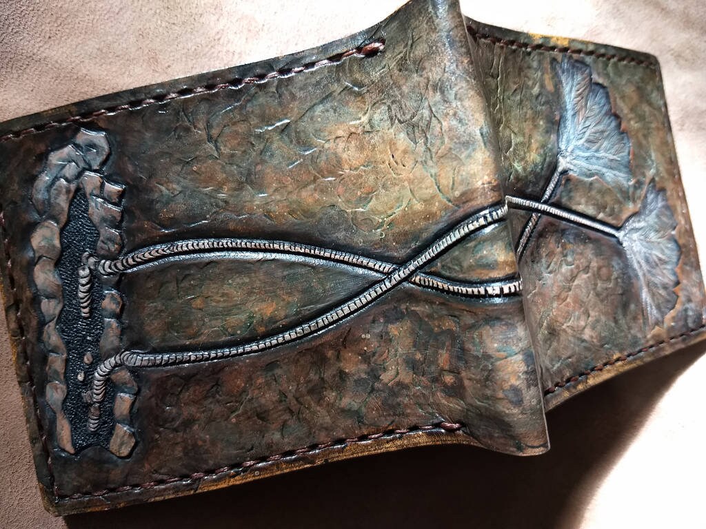 Crinoid sea lilly Fossil - Leather Bifold Wallet - you choose mettalic gold, brown or black for the fossil -