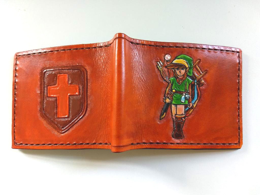 Retro Link and Shield - toon - NES - SNES - 80's -Leather Bifold Wallet - Handcrafted Wallet -
