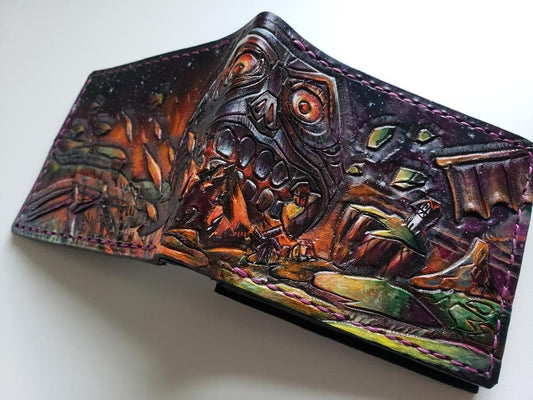 Moonfall, Majoras mask - leather wallet- Leather Bifold Wallet - Handcrafted Legend of Zelda Wallet -