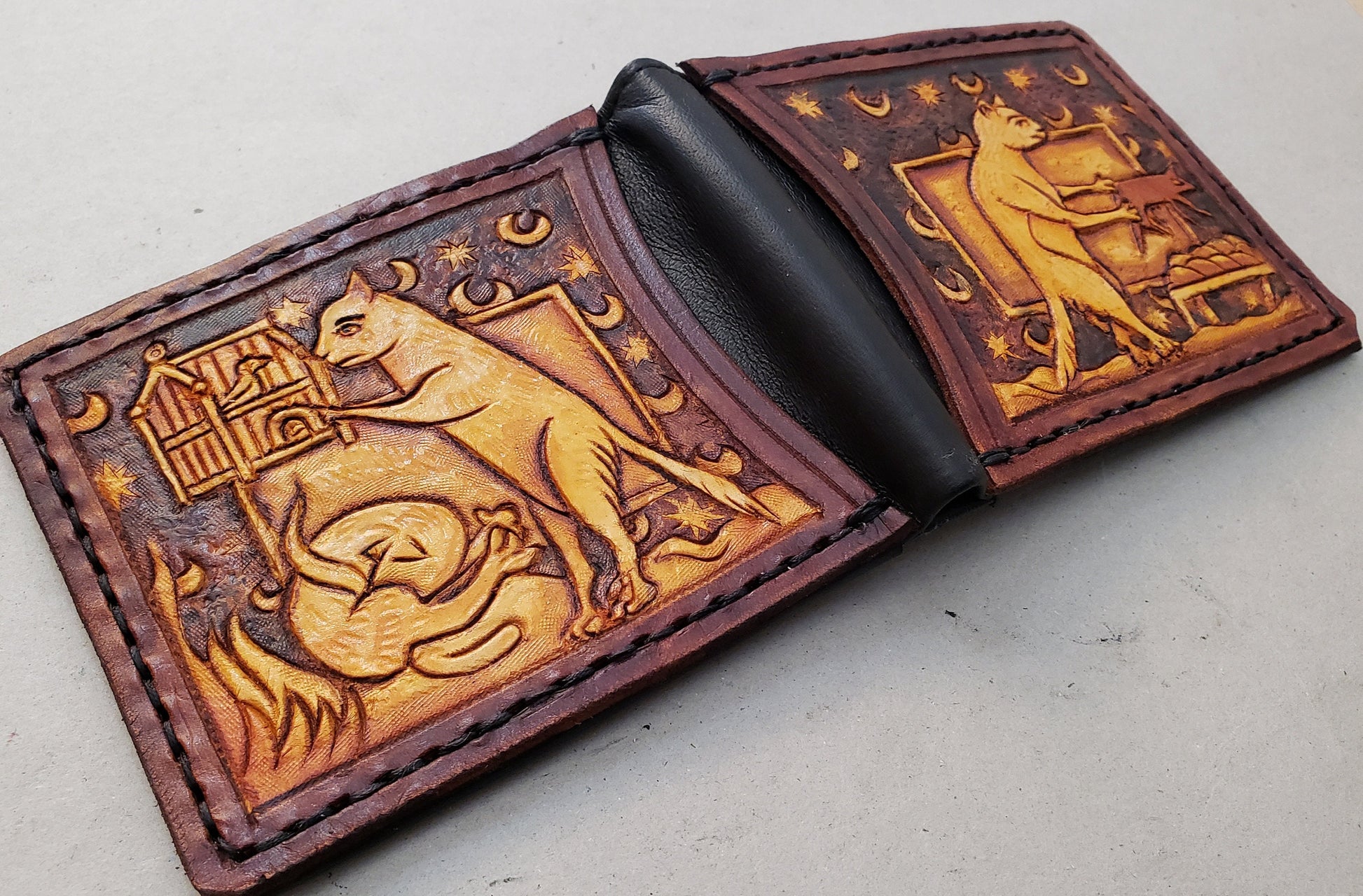 Marginalia medieval cats - leather wallet- Dark Brown and ivory colour - Leather Bifold Wallet - Handcrafted