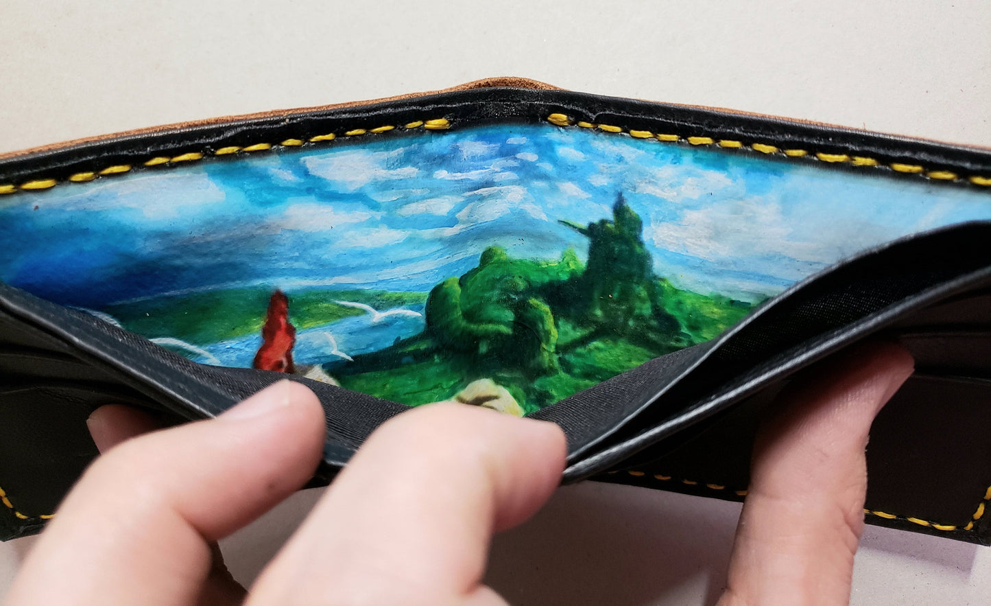 Chocobo and baby, Mog and moogle messenger - dark brown Leather Bifold Wallet - Handcrafted Final Fantasy 14 inspired Wallet -