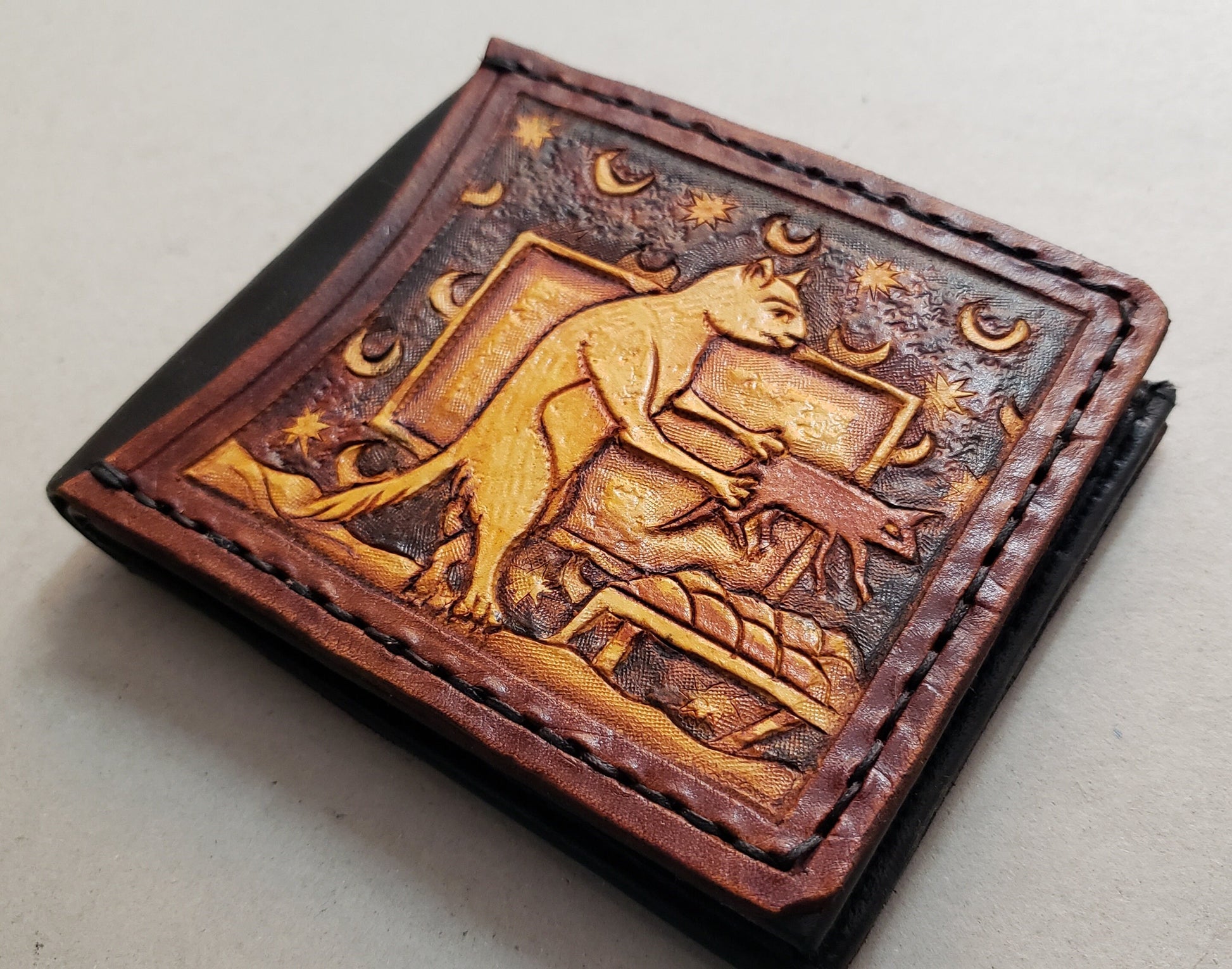 Marginalia medieval cats - leather wallet- Dark Brown and ivory colour - Leather Bifold Wallet - Handcrafted