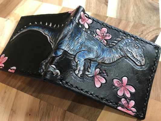 Raptor and cherry blossom - dinosaur - Fossil - Leather Bifold Wallet - Handcrafted Wallet -