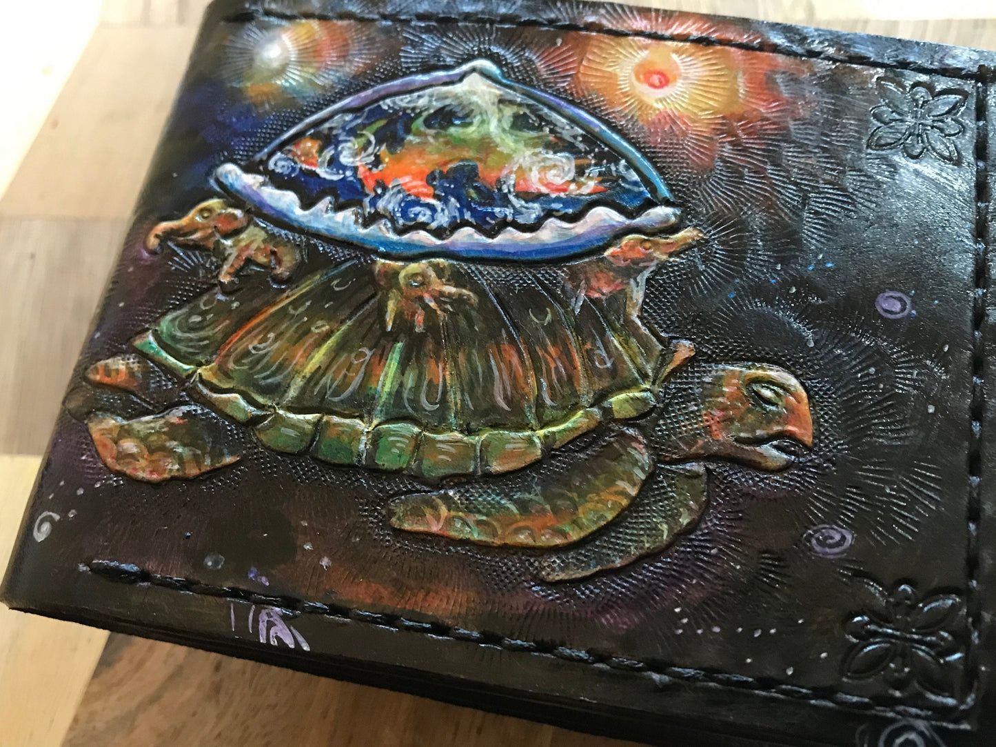 Hindu mythical Cosmic turtle - Colour version - Akupāra - Leather Bifold Wallet - Handcrafted Wallet -