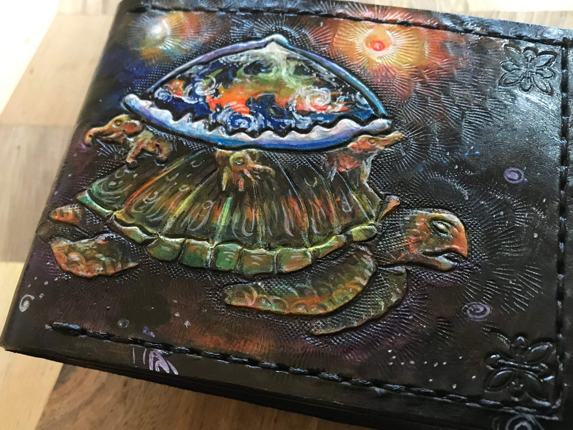 Hindu mythical Cosmic turtle - Colour version - Akupāra - Leather Bifold Wallet - Handcrafted Wallet -