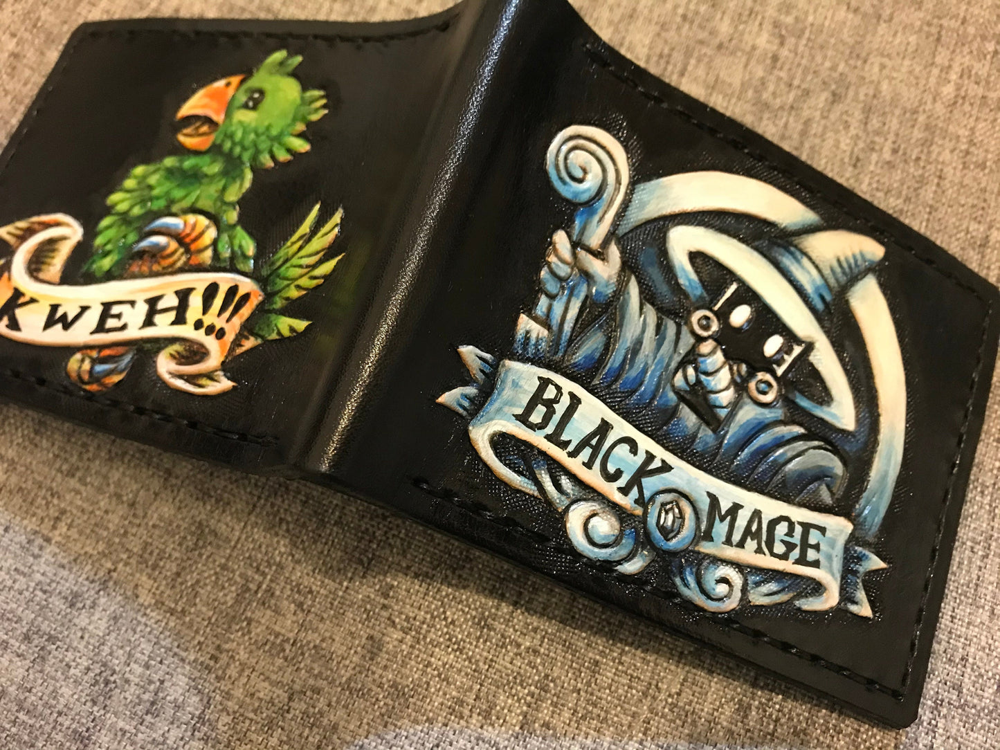 Green Chocobo and Black Mage - Leather Bifold Wallet - Handcrafted Final Fantasy inspired Wallet -