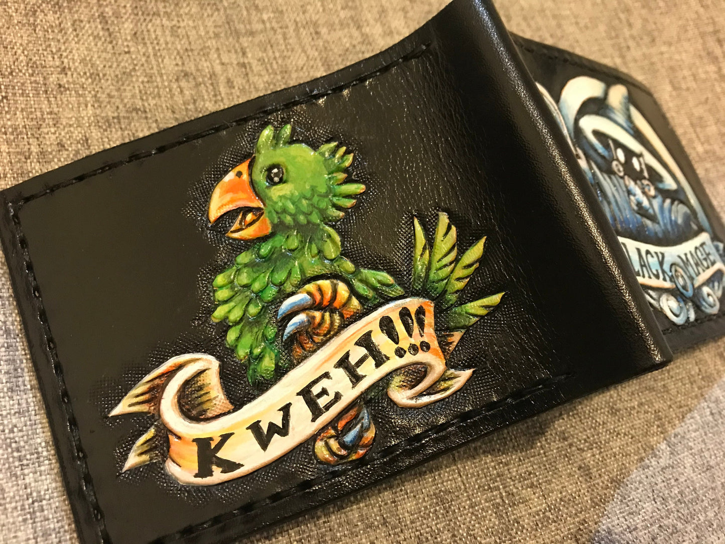 Green Chocobo and Black Mage - Leather Bifold Wallet - Handcrafted Final Fantasy inspired Wallet -