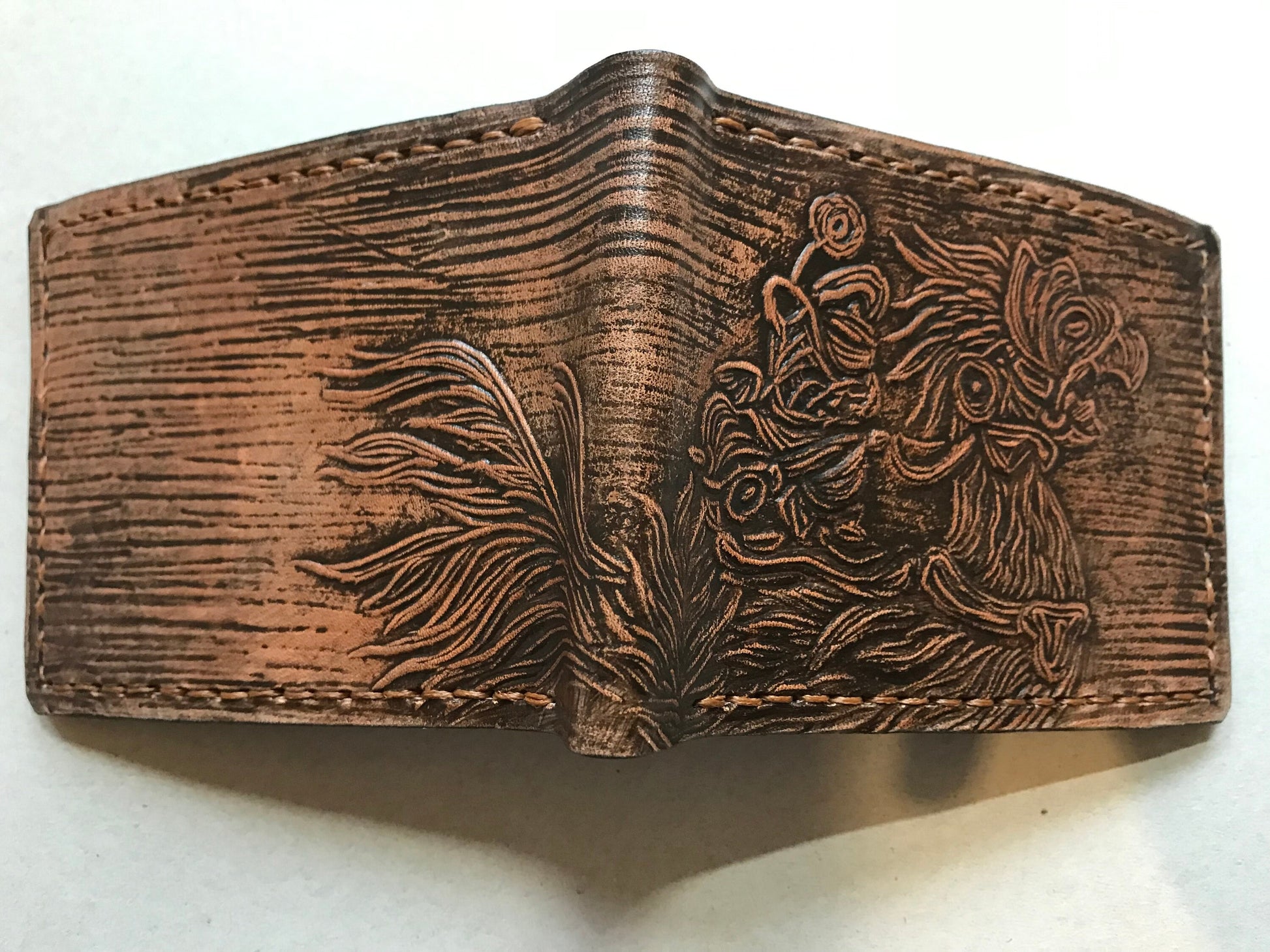 Textured - Chocobo and Rider - dark brown Leather Bifold Wallet - Handcrafted Final Fantasy 14 inspired Wallet -