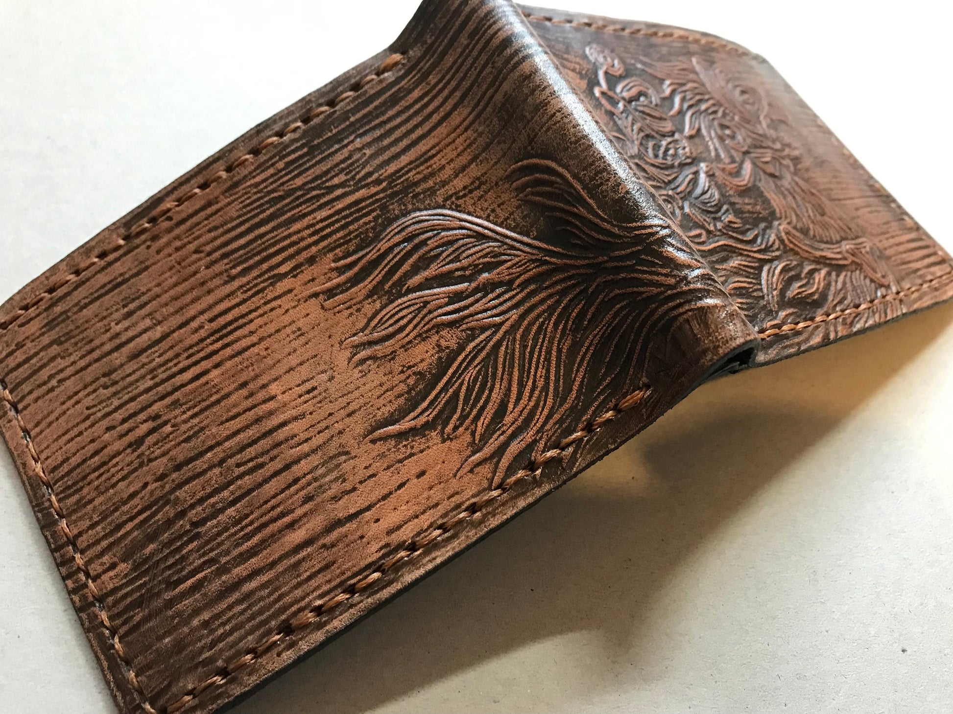 Textured - Chocobo and Rider - dark brown Leather Bifold Wallet - Handcrafted Final Fantasy 14 inspired Wallet -