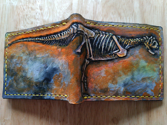 Carnotaurus Fossil - Leather Bifold Wallet - you choose the same as the listing photo or mettalic gold, brown or black for the fossil -