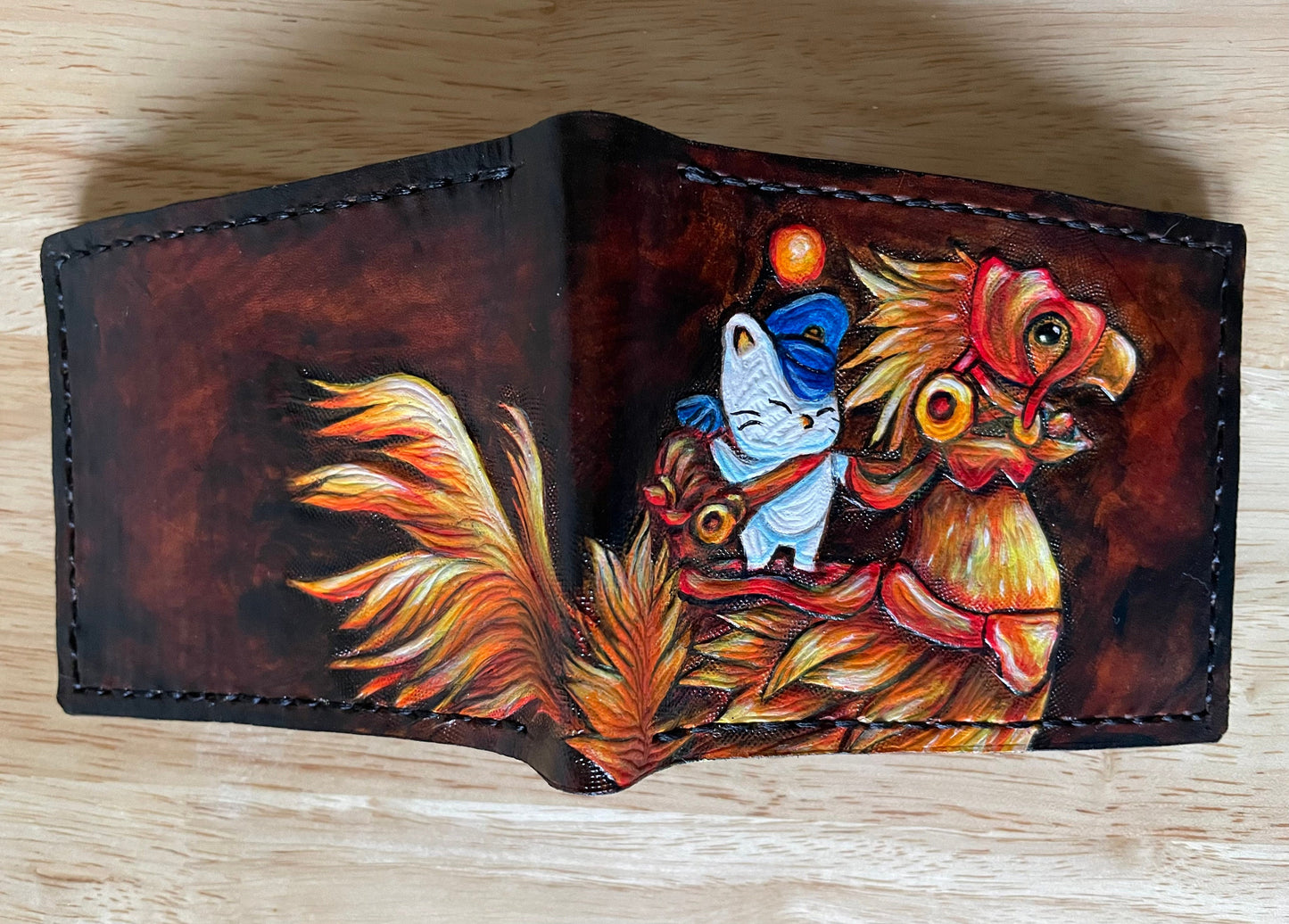 FF14 Gold Chocobo and moogle Rider - dark brown Leather Bifold Wallet - Handcrafted Final Fantasy 14 inspired Wallet -