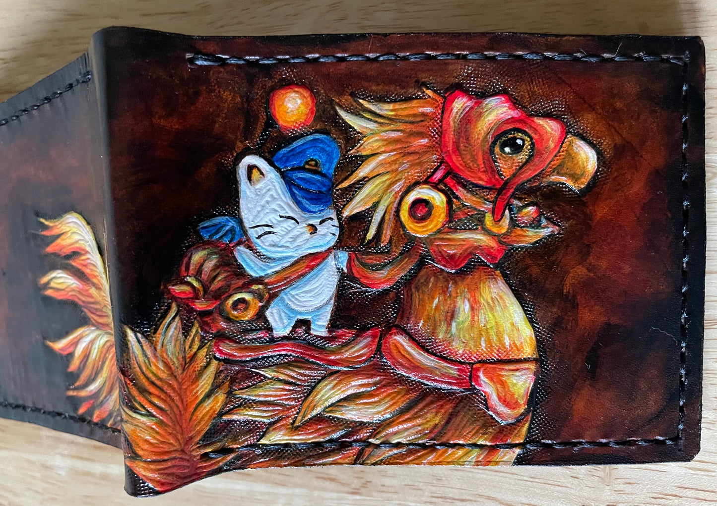 FF14 Gold Chocobo and moogle Rider - dark brown Leather Bifold Wallet - Handcrafted Final Fantasy 14 inspired Wallet -
