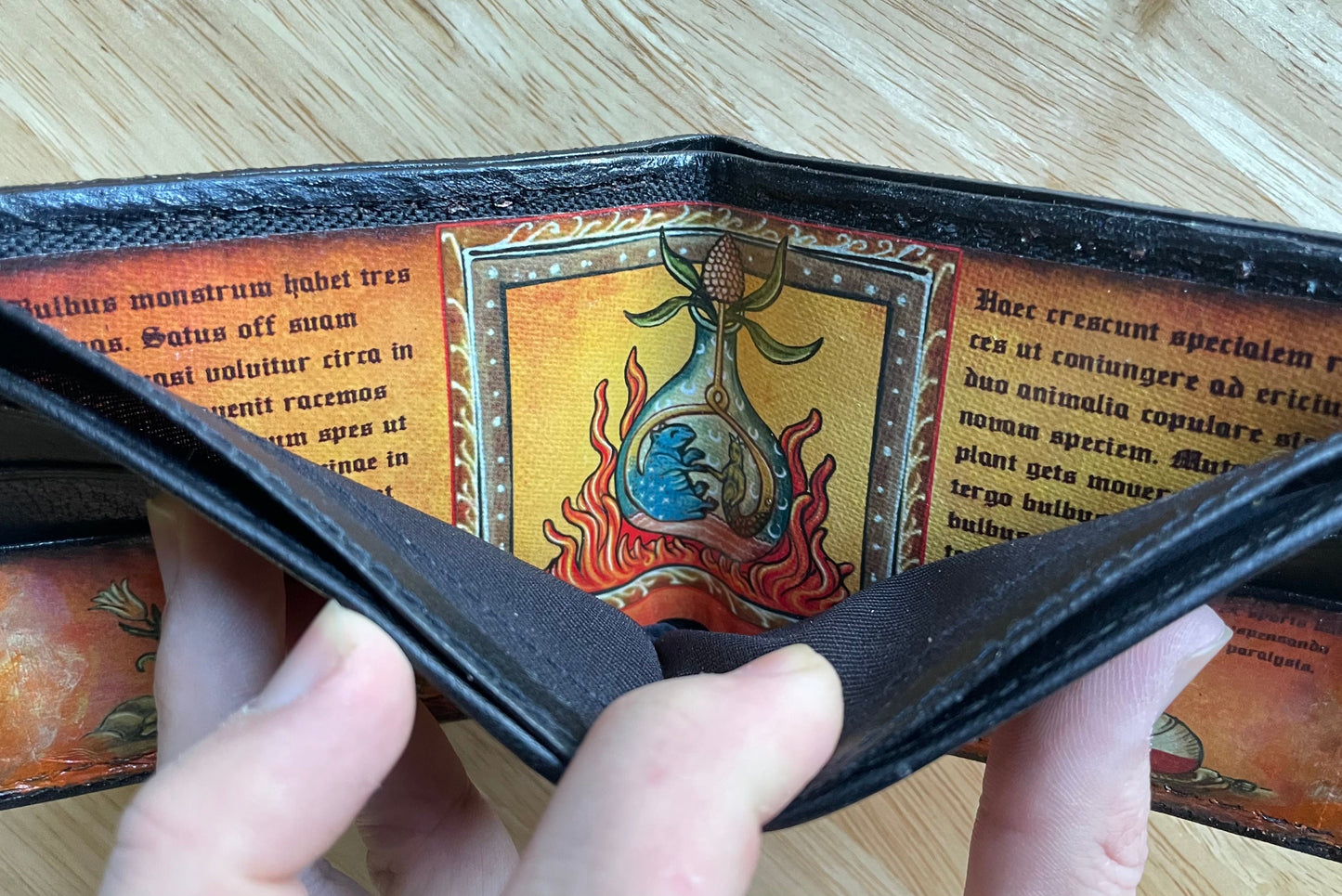 Medieval manuscript pokealchemy -3D textured surface - Hand stamped -Charmander transmutations-evolutions - Leather Wallet - Handcrafted