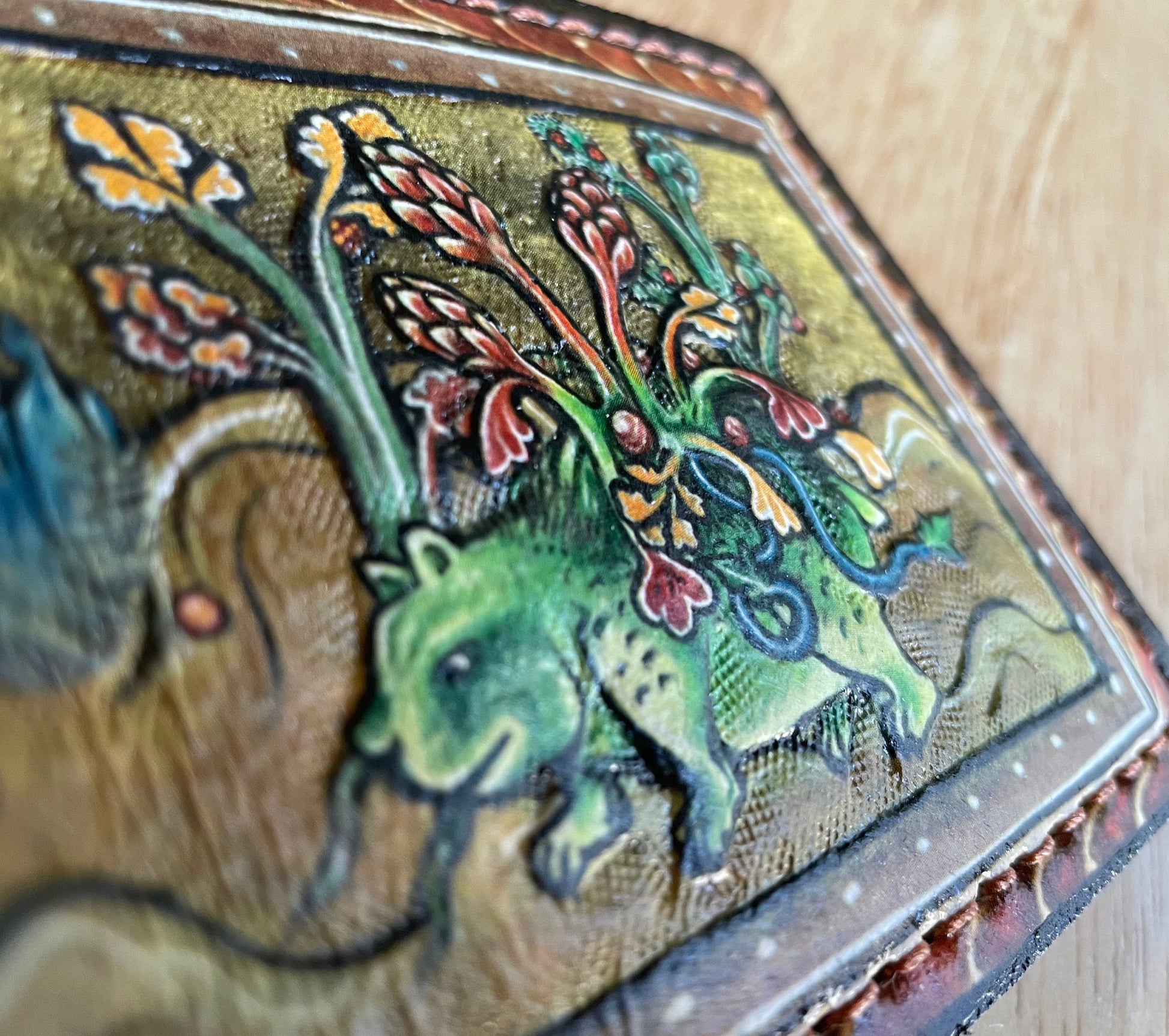 Medieval manuscript pokealchemy -3D textured surface - Hand stamped -Bulbasaur transmutations-evolutions - Leather Wallet - Handcrafted