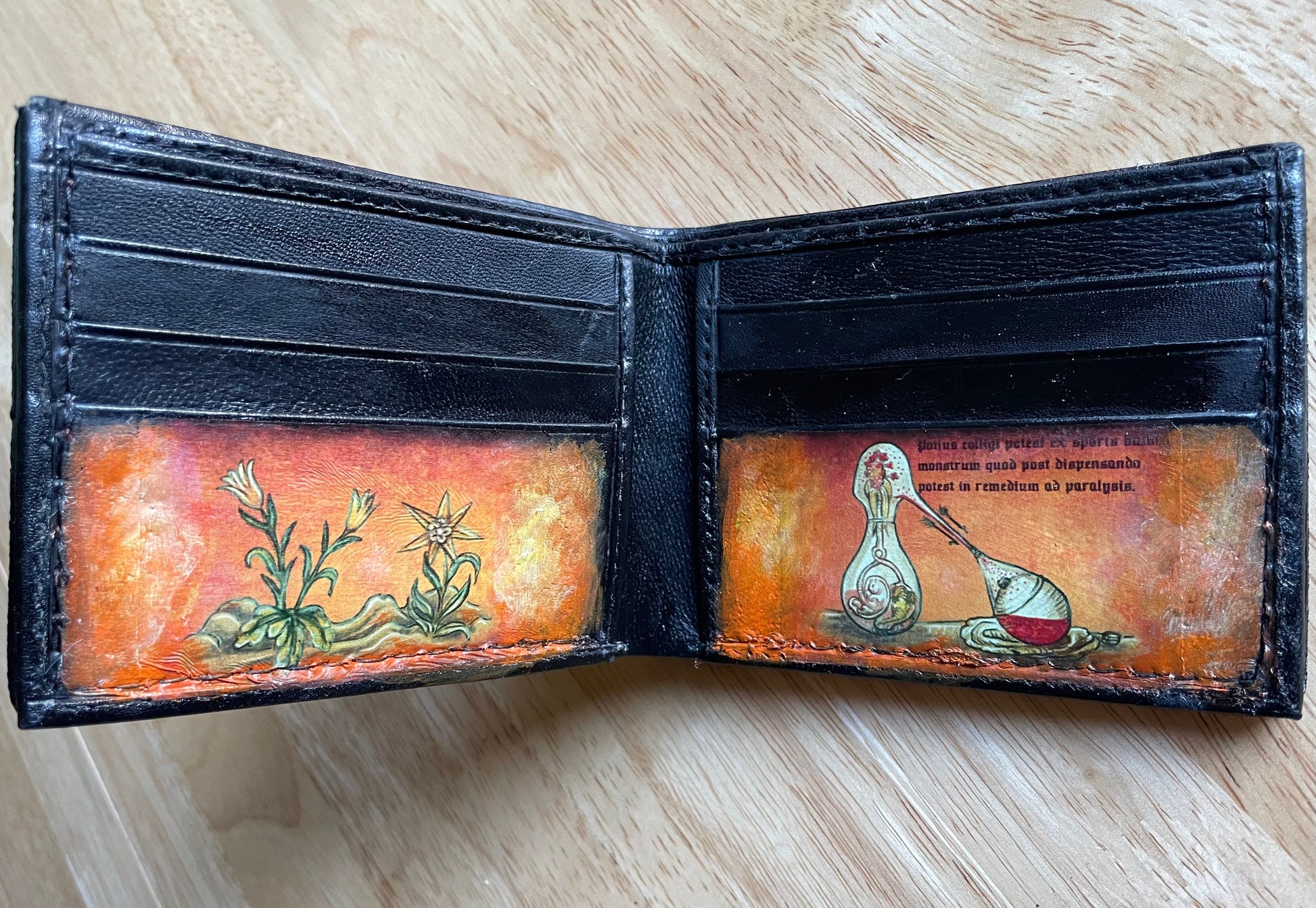 Medieval manuscript pokealchemy -3D textured surface - Hand stamped -Bulbasaur transmutations-evolutions - Leather Wallet - Handcrafted