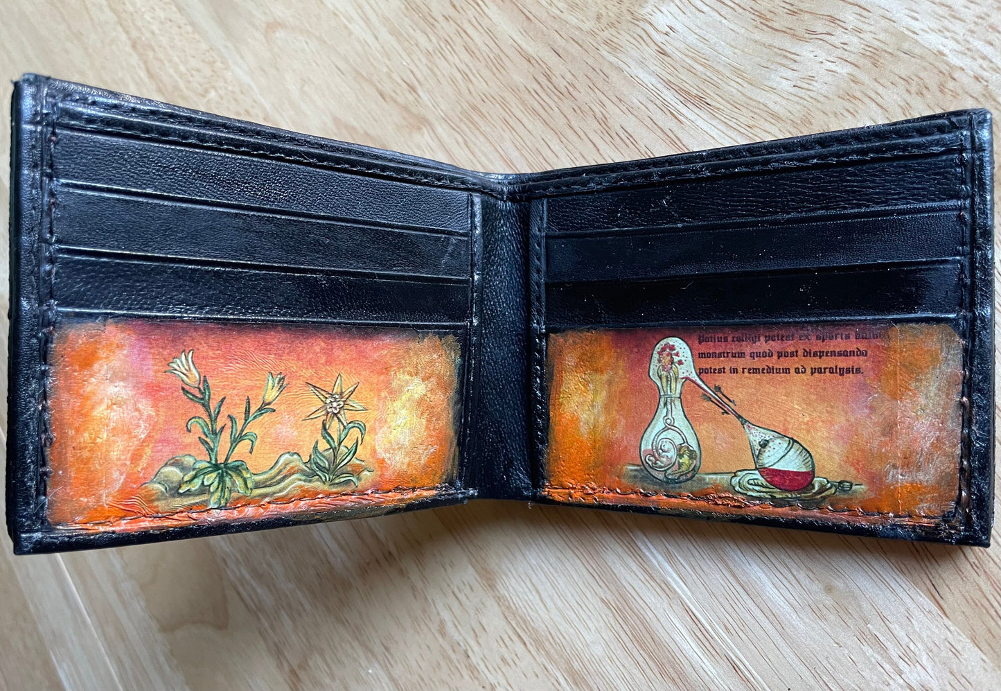 Medieval manuscript pokealchemy -3D textured surface - Hand stamped -Charmander transmutations-evolutions - Leather Wallet - Handcrafted