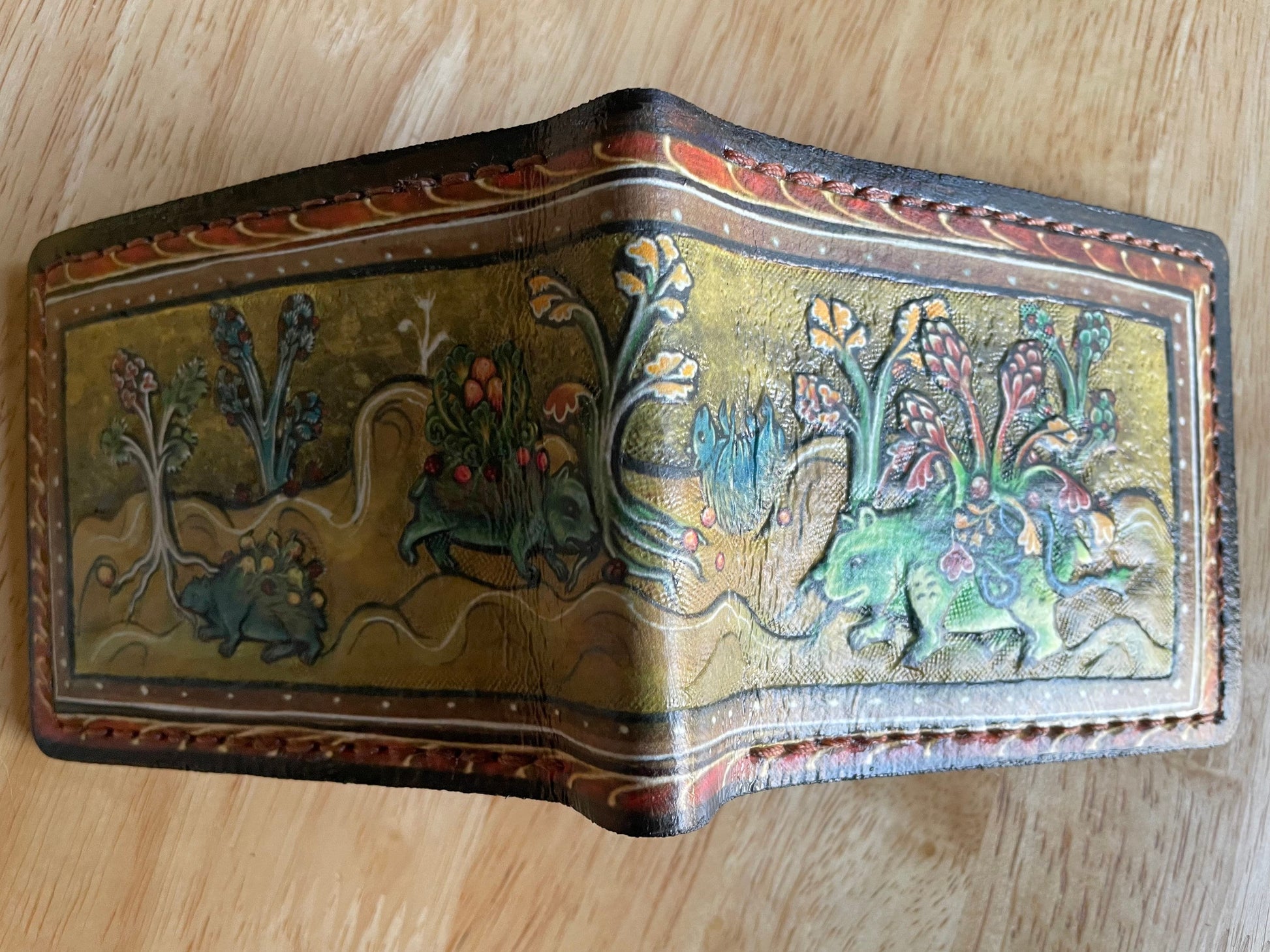 Medieval manuscript pokealchemy -3D textured surface - Hand stamped -Bulbasaur transmutations-evolutions - Leather Wallet - Handcrafted