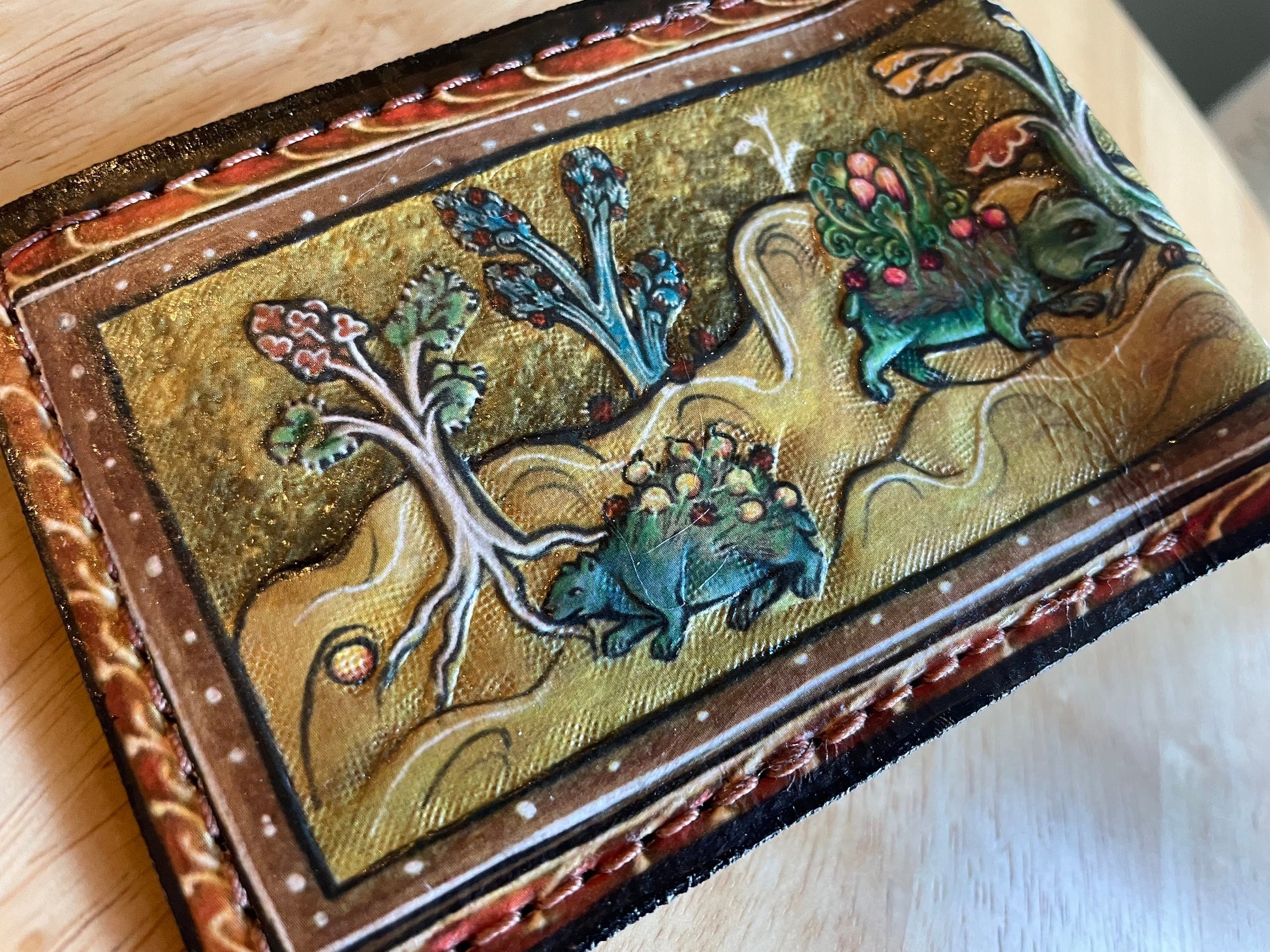 Medieval manuscript pokealchemy -3D textured surface - Hand stamped -Bulbasaur transmutations-evolutions - Leather Wallet - Handcrafted