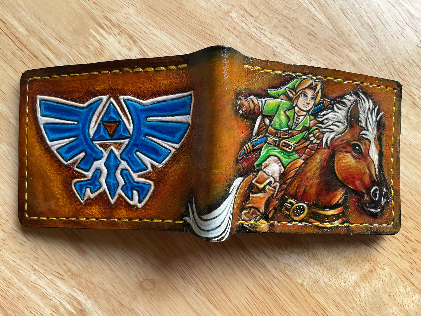 Link riding Epona and blue hyrule sigil - Leather Bifold Wallet - Handcrafted Legend of Zelda Wallet - Link Wallet