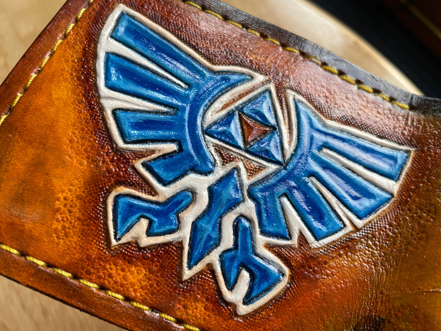 Link riding Epona and blue hyrule sigil - Leather Bifold Wallet - Handcrafted Legend of Zelda Wallet - Link Wallet