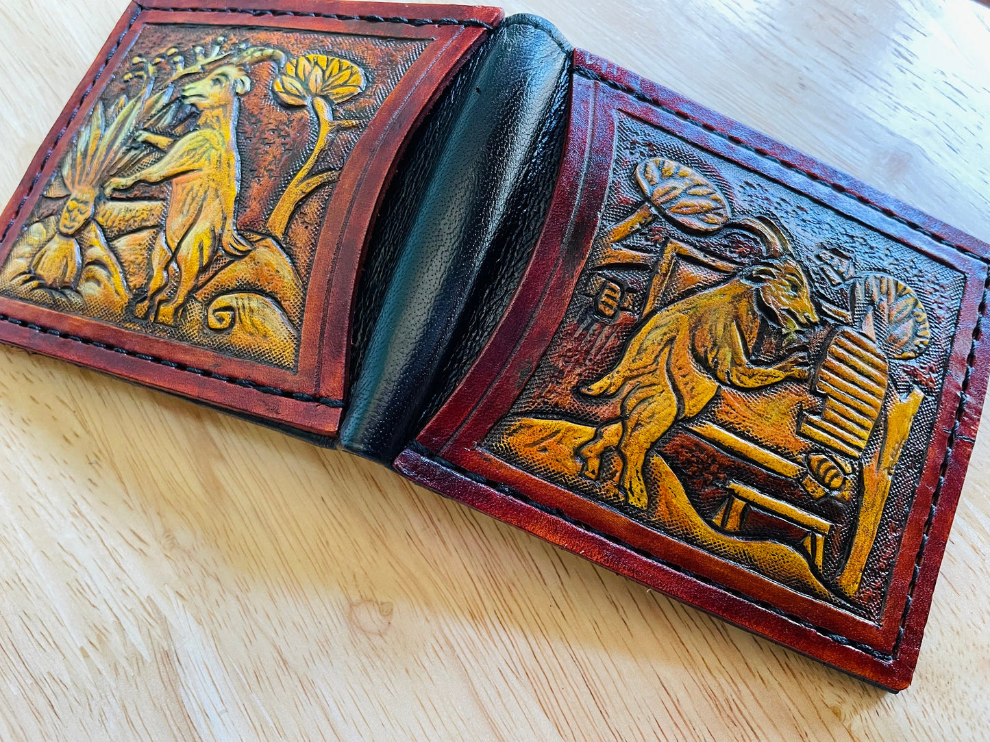 Marginalia medieval Goats - bee keepers - leather wallet- Dark Brown and ivory colour - Leather Bifold Wallet - Handcrafted