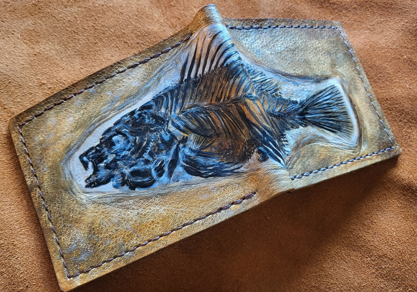 Priscacara Fish Fossil - Leather Bifold Wallet - you choose mettalic gold, brown or black for the fossil -