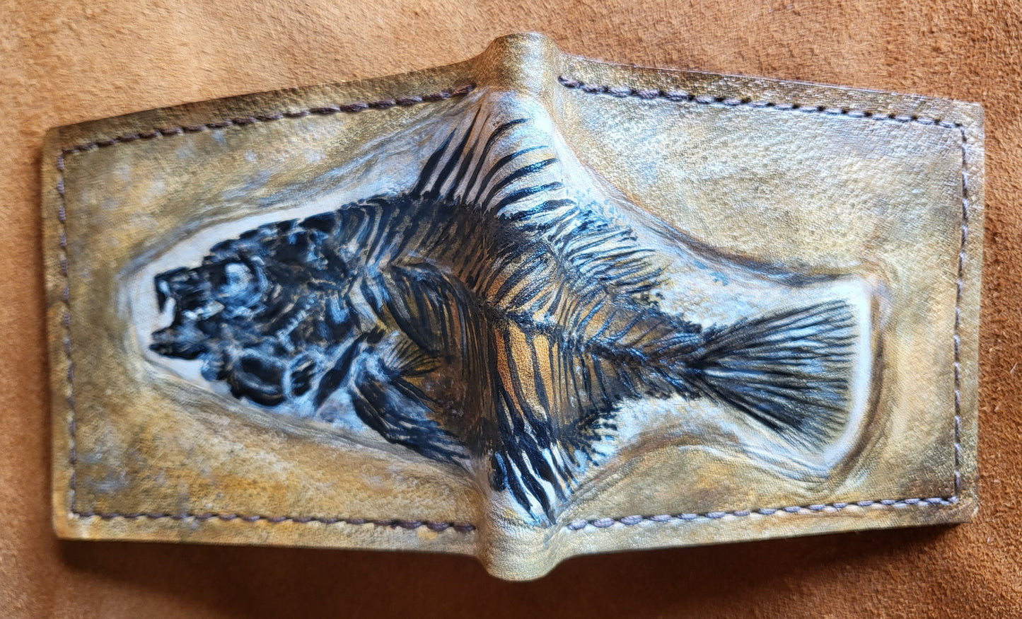 Priscacara Fish Fossil - Leather Bifold Wallet - you choose mettalic gold, brown or black for the fossil -