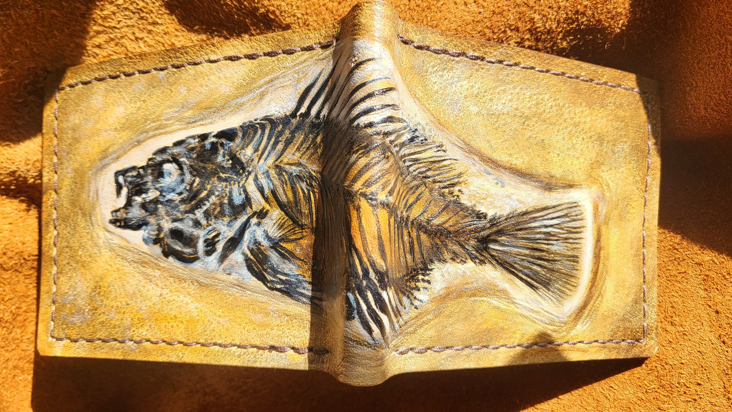 Priscacara Fish Fossil - Leather Bifold Wallet - you choose mettalic gold, brown or black for the fossil -