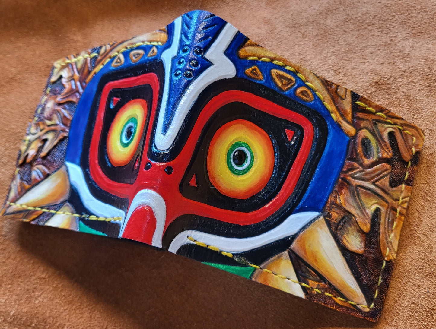 Song of Storms Majoras Mask leather wallet- Treasure chest pouch - Leather Bifold Wallet - Handcrafted Legend of Zelda Wallet - Link Wallet
