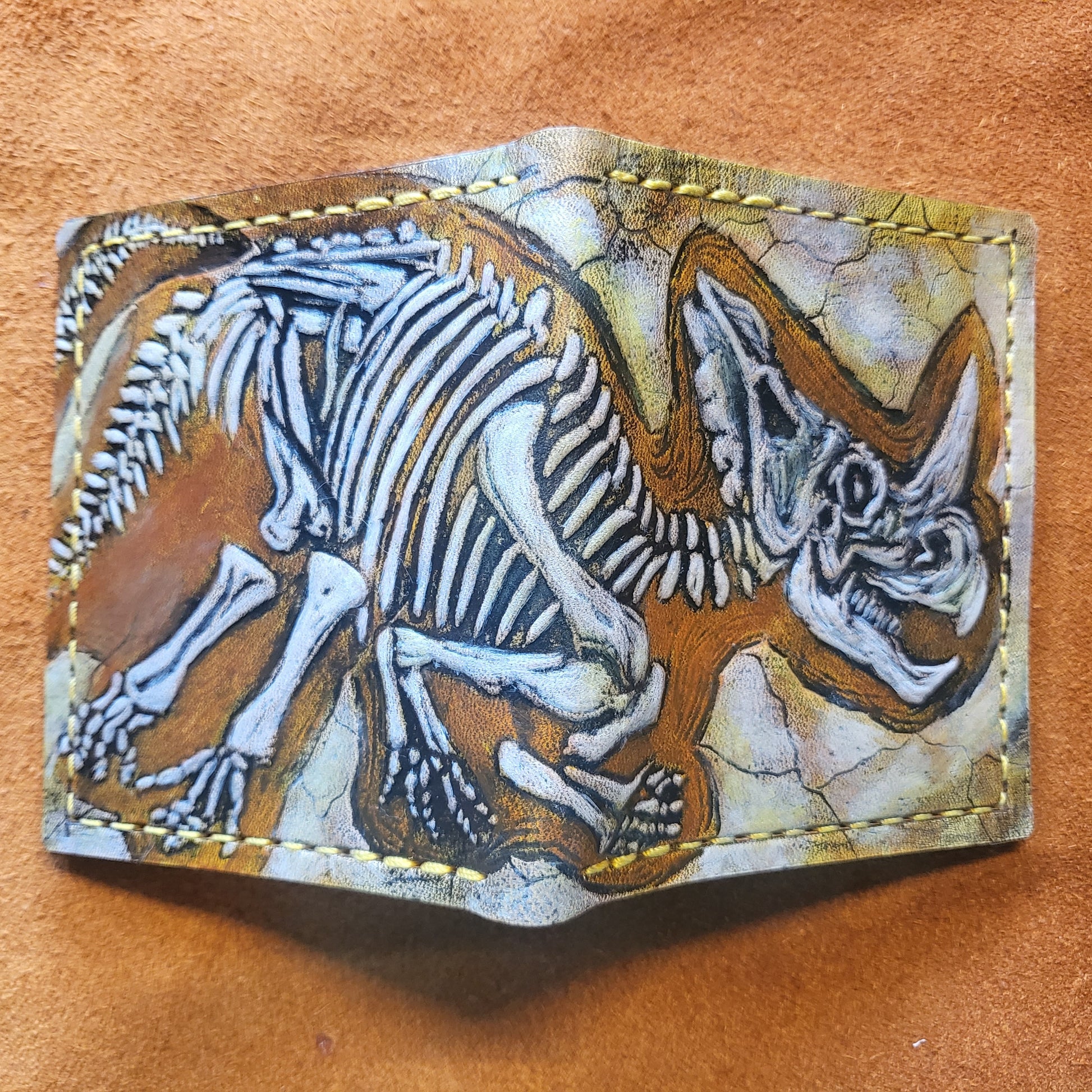 Ceratopsian Fossil - mini Leather Bifold Wallet - you choose the same as the listing photo or mettalic gold, brown or black for the fossil -