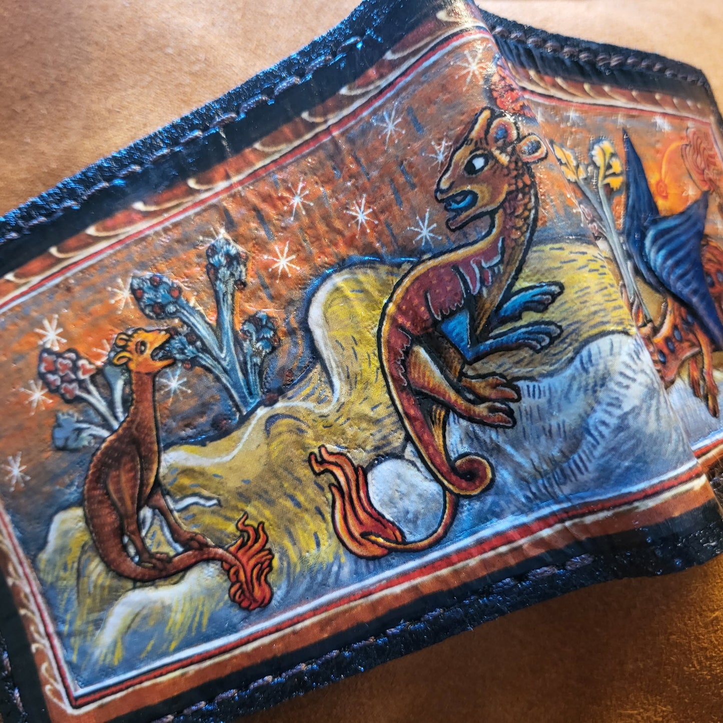 Medieval manuscript pokealchemy -3D textured surface - Hand stamped -Charmander transmutations-evolutions - Leather Wallet - Handcrafted