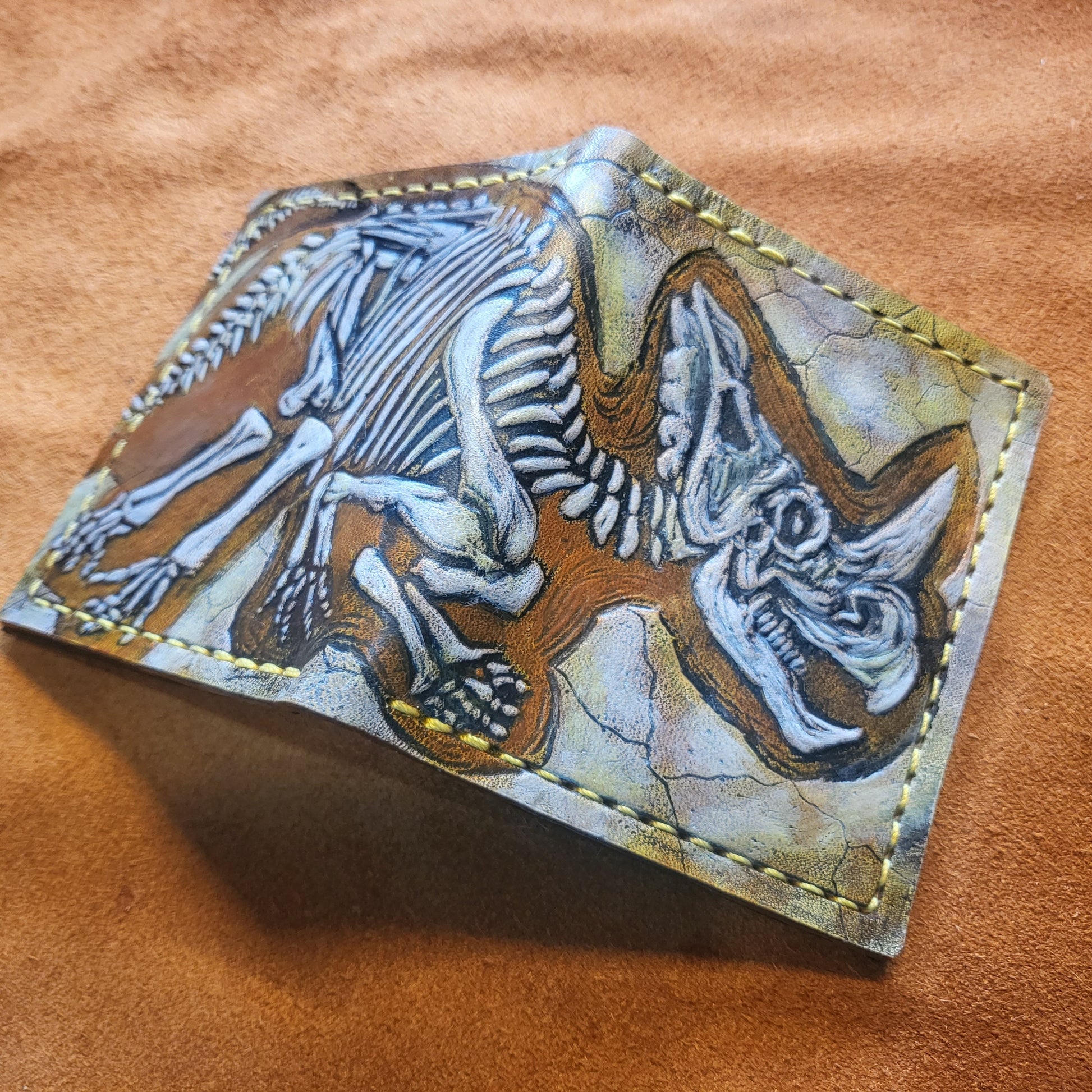 Ceratopsian Fossil - mini Leather Bifold Wallet - you choose the same as the listing photo or mettalic gold, brown or black for the fossil -