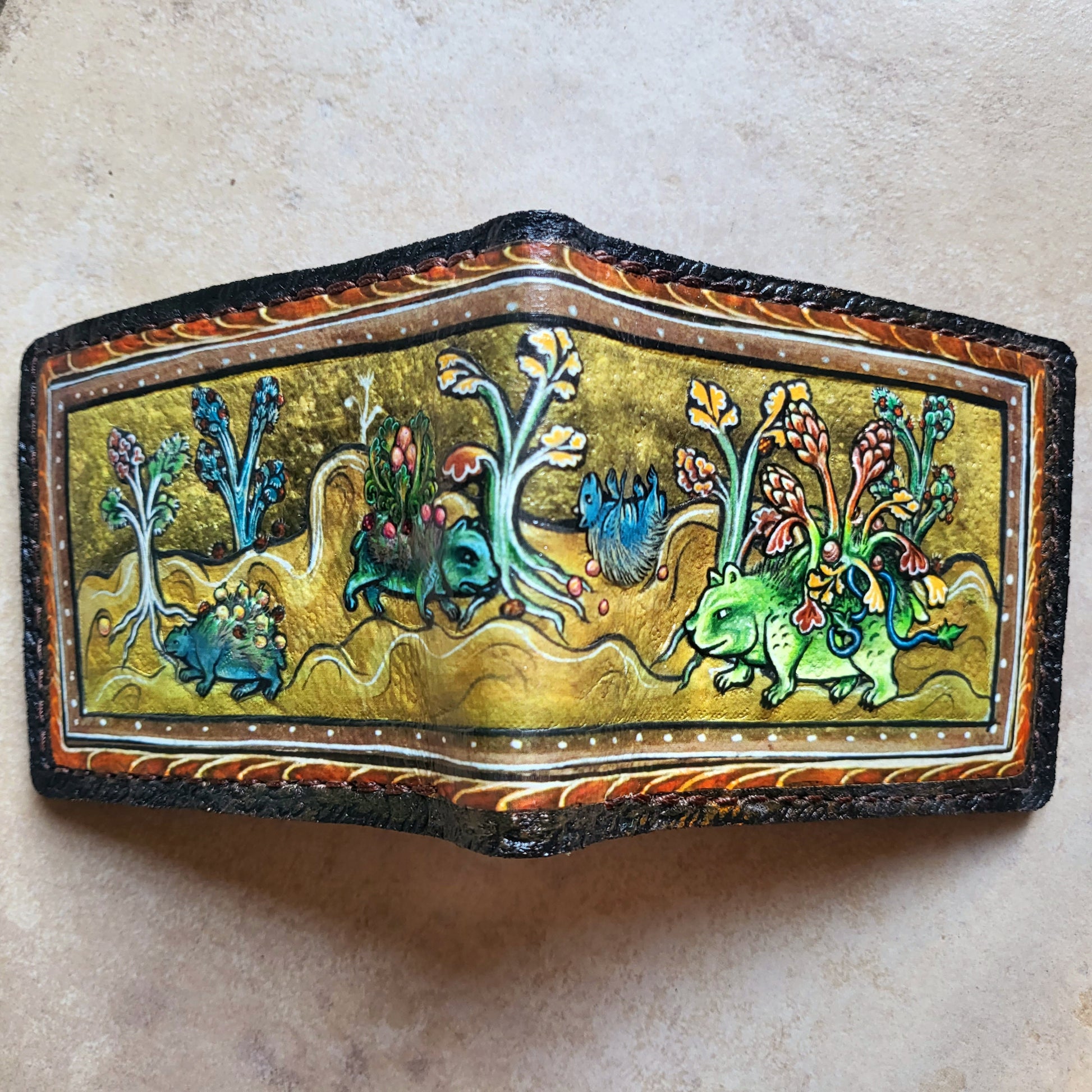 Medieval manuscript pokealchemy -3D textured surface - Hand stamped -Bulbasaur transmutations-evolutions - Leather Wallet - Handcrafted