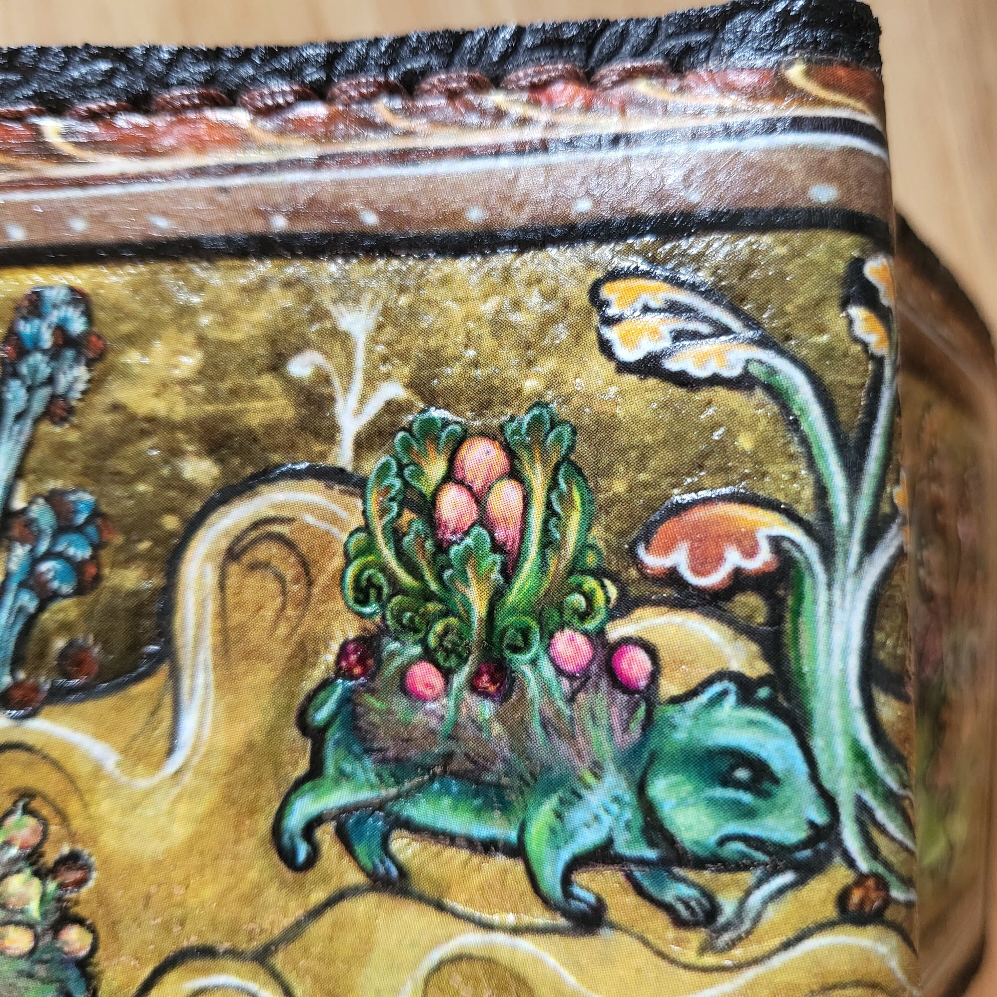 Medieval manuscript pokealchemy -3D textured surface - Hand stamped -Bulbasaur transmutations-evolutions - Leather Wallet - Handcrafted