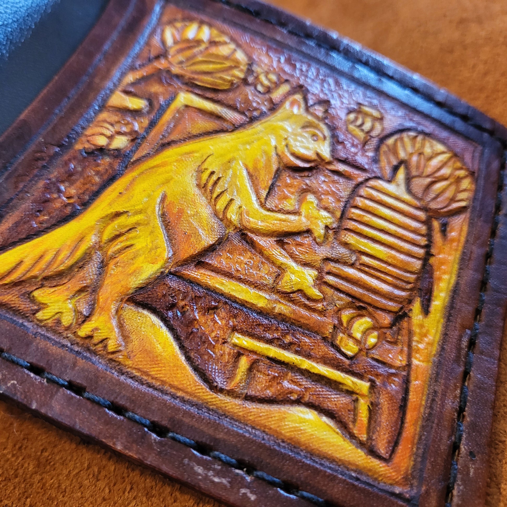 Marginalia medieval cats - bee keepers - leather wallet- Dark Brown and ivory colour - Leather Bifold Wallet - Handcrafted