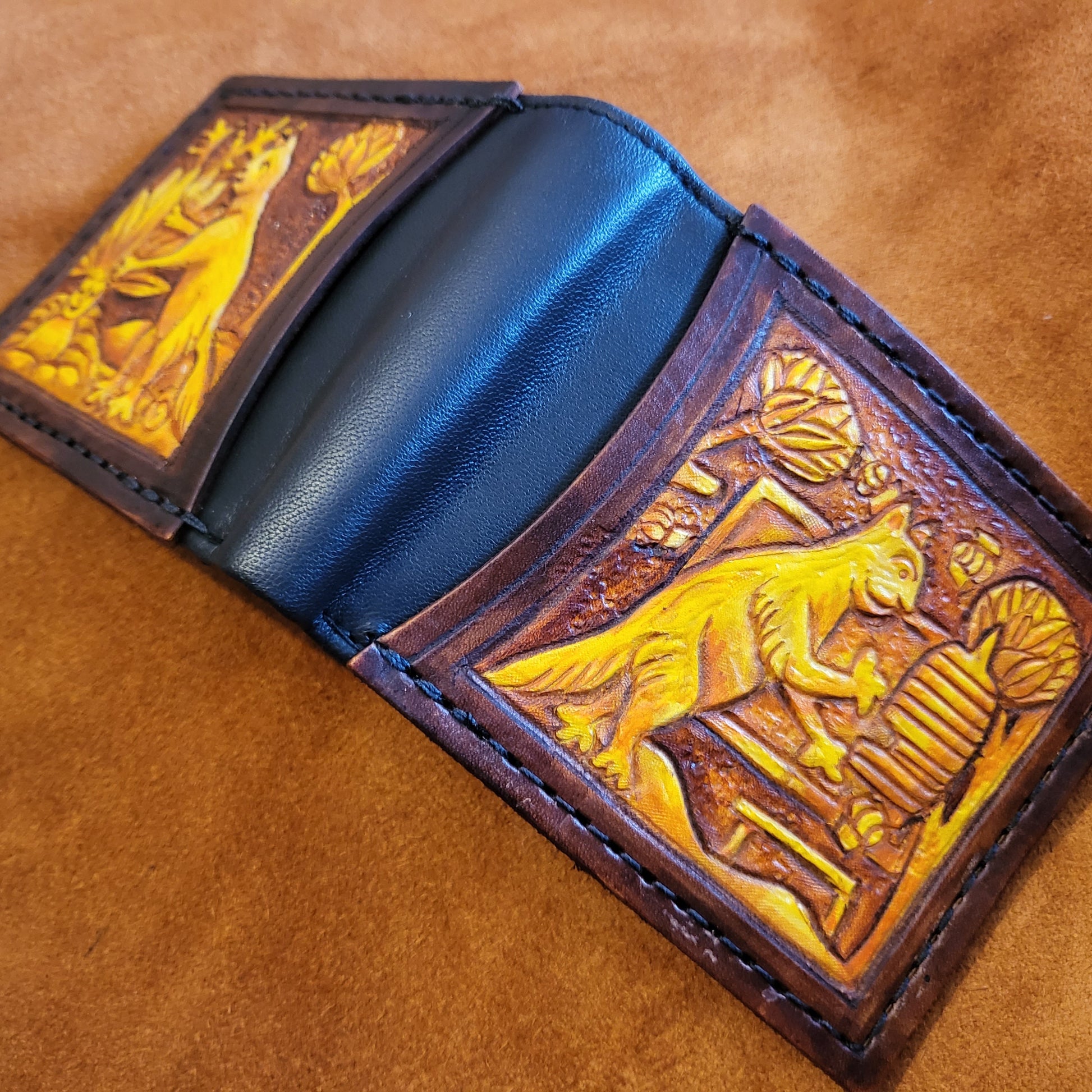 Marginalia medieval cats - bee keepers - leather wallet- Dark Brown and ivory colour - Leather Bifold Wallet - Handcrafted