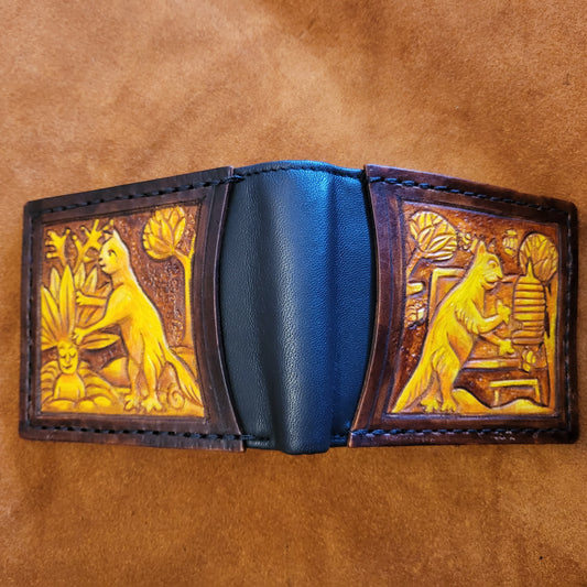 Marginalia medieval cats - bee keepers - leather wallet- Dark Brown and ivory colour - Leather Bifold Wallet - Handcrafted
