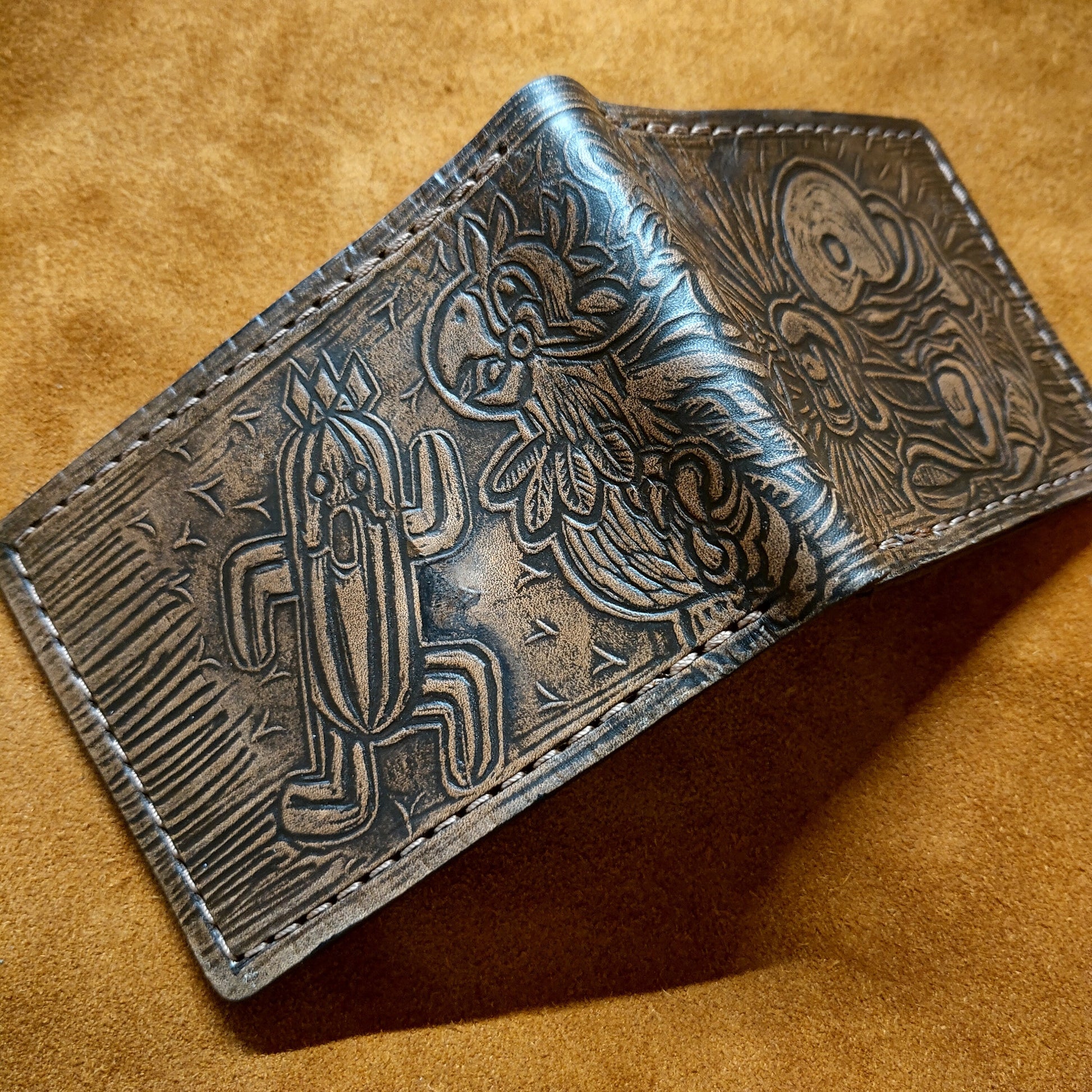Textured - Cactuar - Chocobo and Tonberry - dark brown Leather Bifold Wallet - Handcrafted Final Fantasy 14 inspired Wallet -