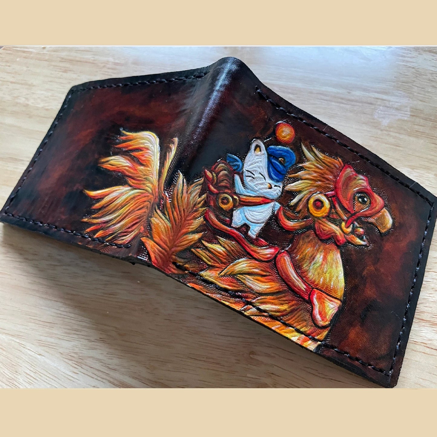 FF14 Gold Chocobo and moogle Rider - dark brown Leather Bifold Wallet - Handcrafted Final Fantasy 14 inspired Wallet -