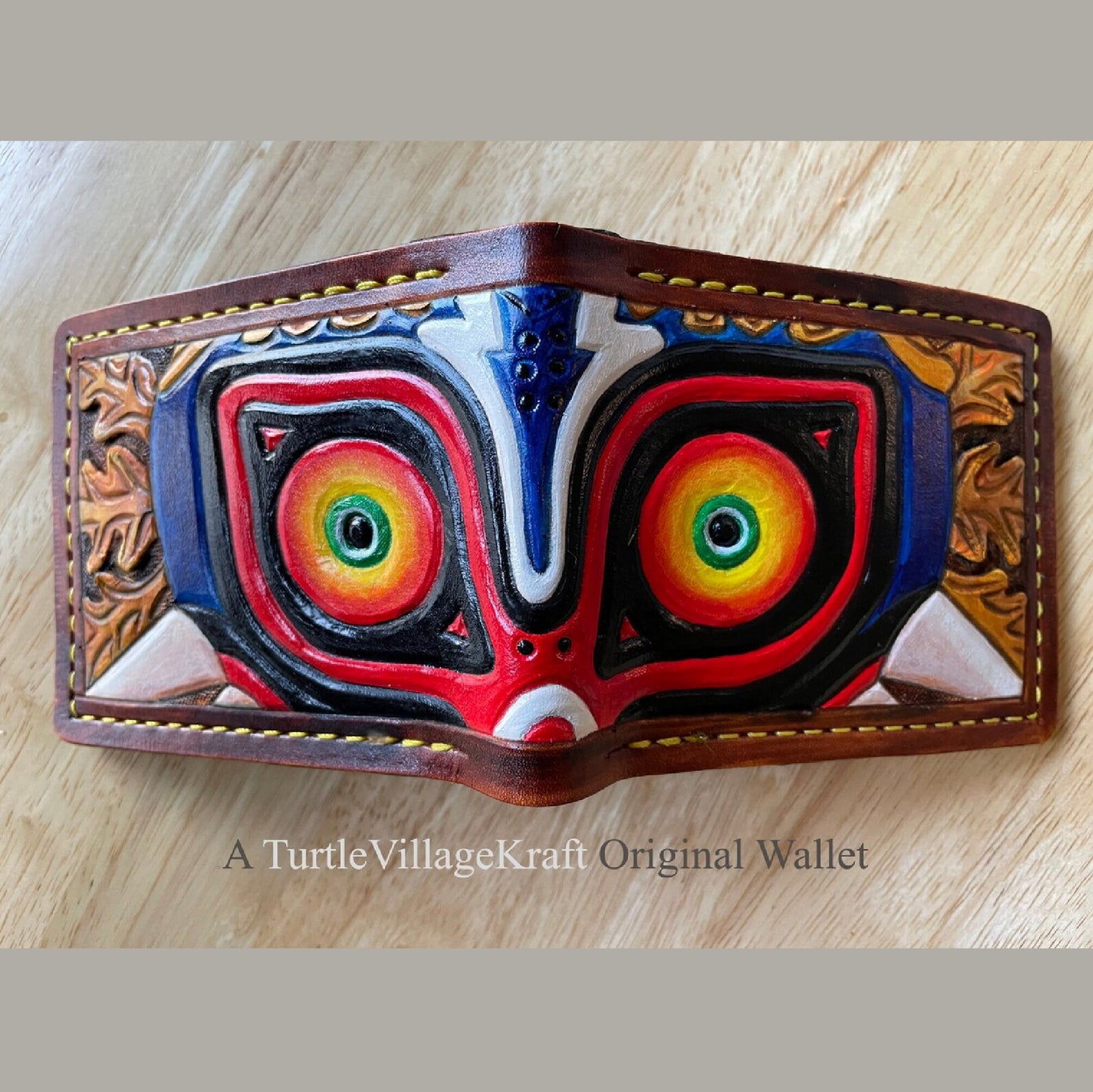 Oak leaf Majoras Mask leather wallet- Leather Bifold Wallet - Handcrafted Legend of Zelda Wallet - Link Wallet
