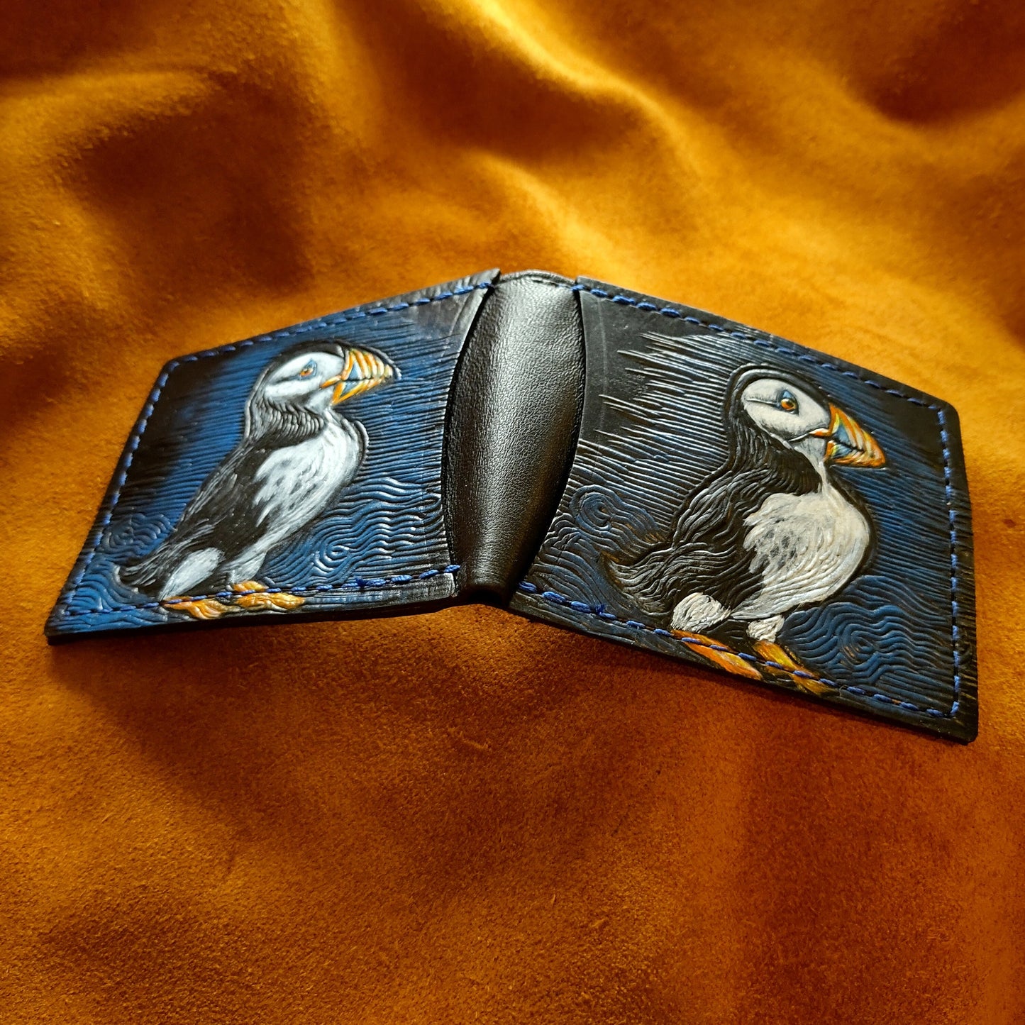 Puffin leather wallet- Leather Bifold Wallet - Handcrafted -