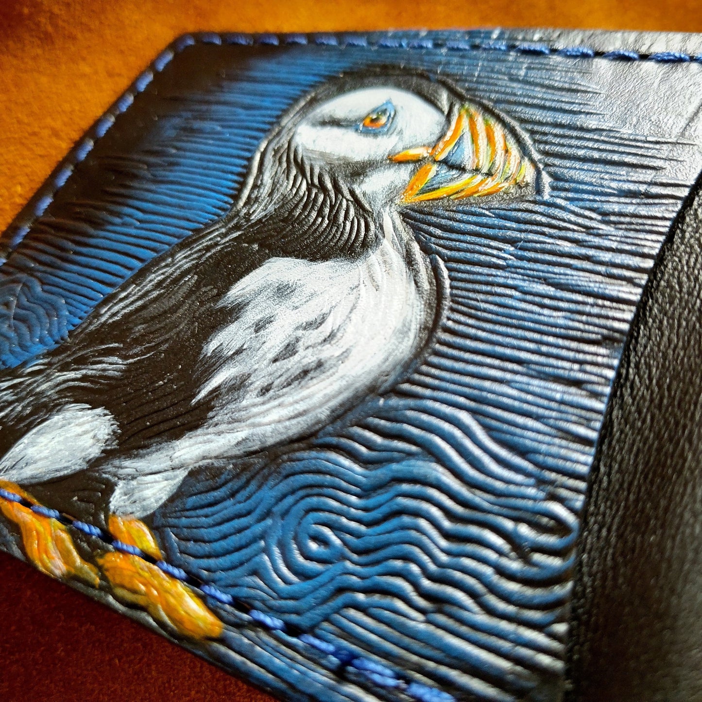 Puffin leather wallet- Leather Bifold Wallet - Handcrafted -