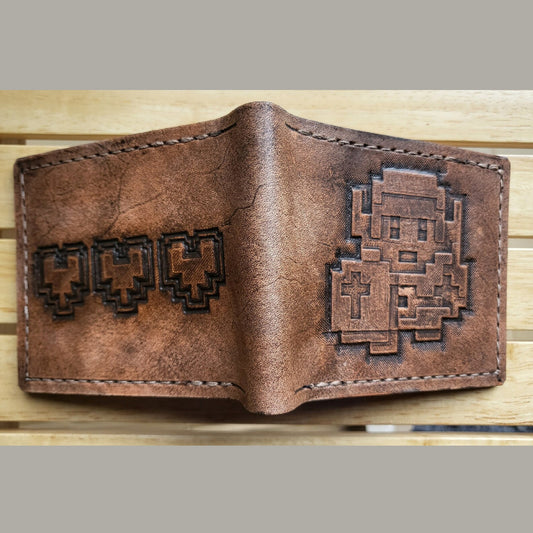 Pixel Link and Heart containers- leather wallet - Leather Bifold Wallet - Handcrafted Legend of Zelda Wallet - Link Wallet